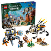 LEGO Horizon Adventures construction set featuring Aloy and Varl battling Shell-Walker and Sawtooth, with vibrant elements and iconic minifigures.